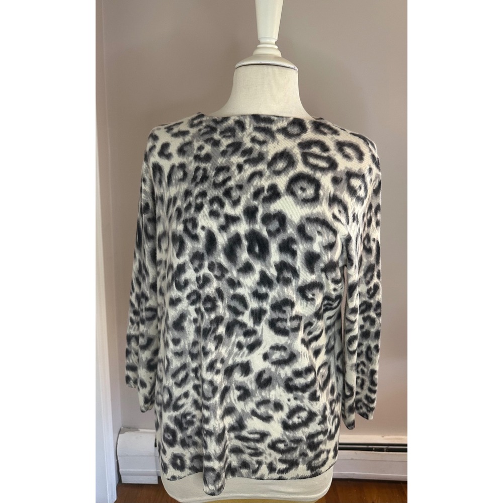 Talbots Pure Cashmere Leopard Print Sweater Gray White Crew Neck XL 3/4 Sleeve
